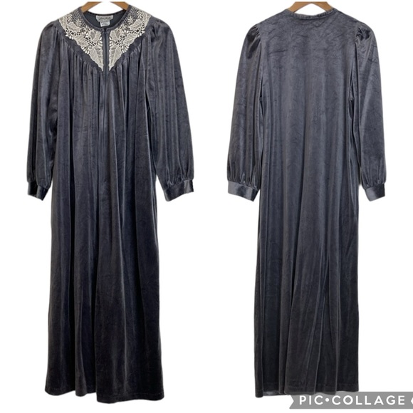 Anne Leslie Other - Gray Velour & Lace Zip Front Long Sleeve Long Robe